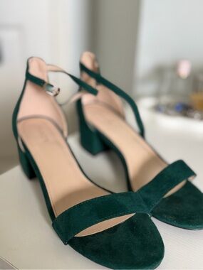 Amazon Green Suede Block Heel Sandals with Ankle Strap